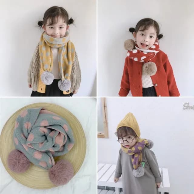 【安朵童舖】現貨日韓版兒童毛線圍巾復古圓點兒童圍巾針織雙面男童毛線球圍巾女童圍巾小童圍巾(105)