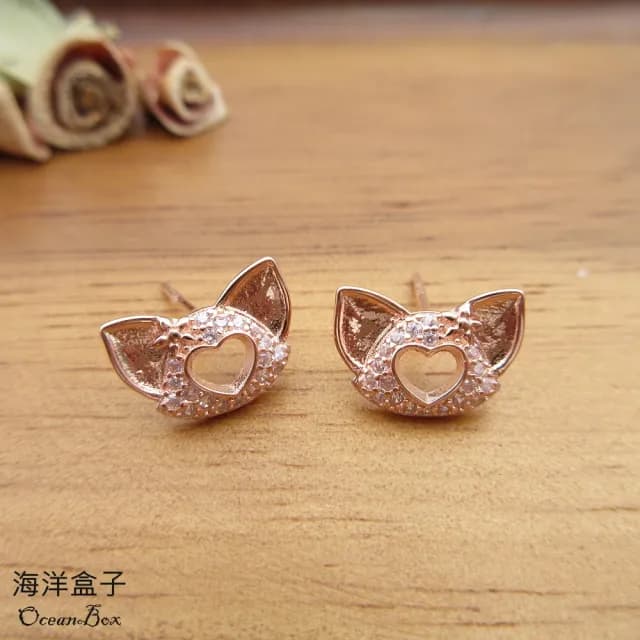 【海洋盒子】可愛鑲鑽小狐狸925純銀玫瑰金耳環(貼耳耳環)