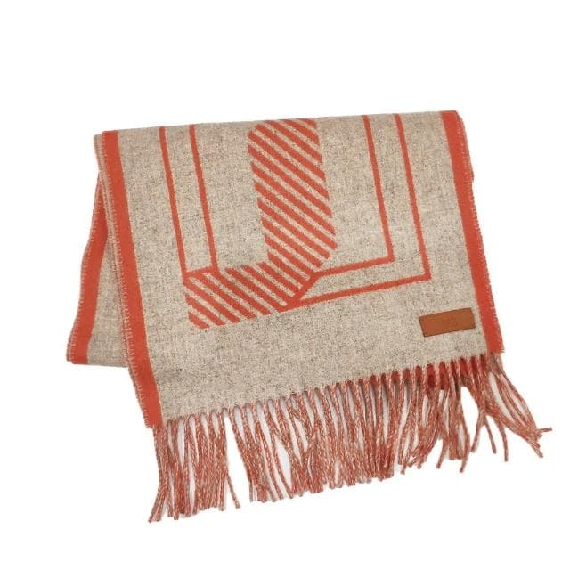 【Hermes 愛馬仕】H259152S 04 Casaque Lettres au Carre經典羊毛雙面編織流蘇圍巾(米白X橘色)