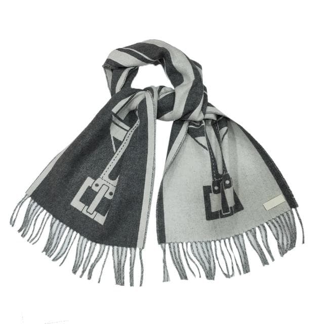 【Hermes 愛馬仕】H259151S 01 Casaque Les Sangles經典羊毛雙面編織流蘇圍巾(象牙白X灰色)
