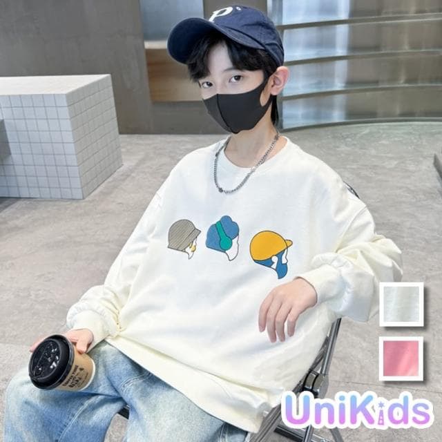 【UniKids】中大童裝長袖T恤插畫人物 男大童裝女大童裝  VPWY8502(米白 粉)