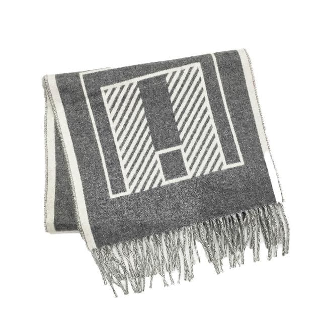 【Hermes 愛馬仕】H259152S 01 Casaque Lettres au Carre經典羊毛雙面編織流蘇圍巾(白X灰色)