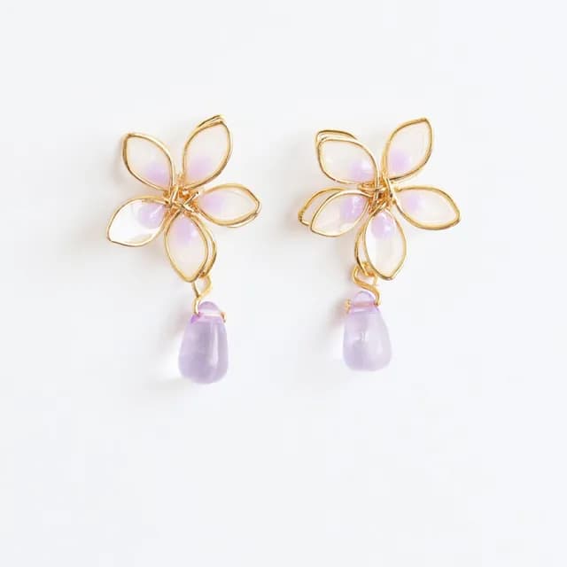 【海藍樂木珠寶 La Morongo Jewelry】S925銀日系櫻花珐琅水滴耳釘紫色(S925銀 耳釘 日系 氣質)