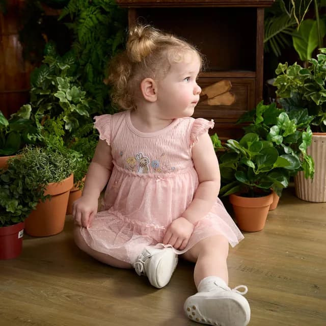 【奇哥】比得兔 女童裝 花花世界點點網紗蛋糕短袖兔裝/包屁衣(3-18個月)