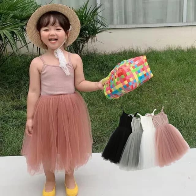 【橘魔法】純色細肩帶澎澎紗裙洋裝(襯裙 內搭 防走光 連衣裙 連身裙 連身洋裝 童裝 兒童 花童 女童)