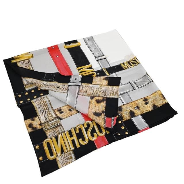 【MOSCHINO】經典LOGO品牌皮帶純絲披肩方型大絲巾圍巾(黑白)