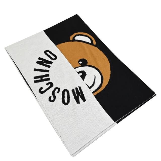 【MOSCHINO】經典品牌LOGO泰迪熊雙色混羊毛窄版針織披肩長圍巾(白/黑)