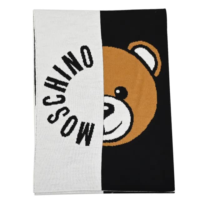 【MOSCHINO】經典品牌LOGO泰迪熊雙色混羊毛窄版針織披肩長圍巾(白/黑)