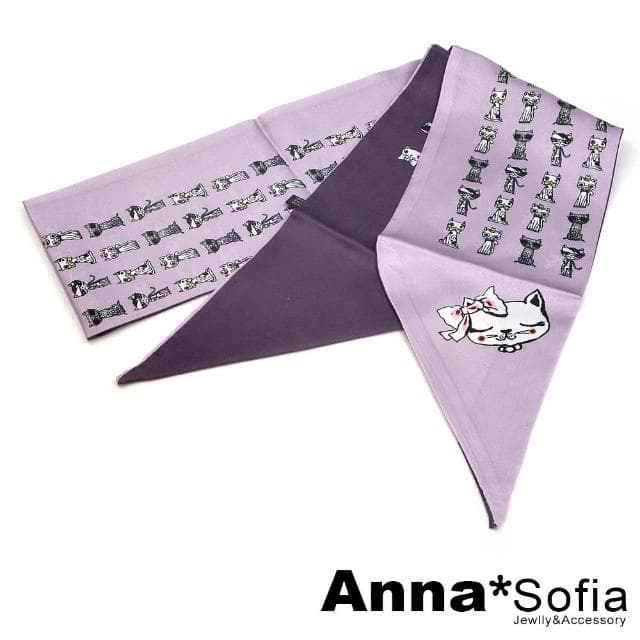 【AnnaSofia】仿絲領巾絲巾-萌貓家族斜角 窄版緞面 現貨(雙紫系)