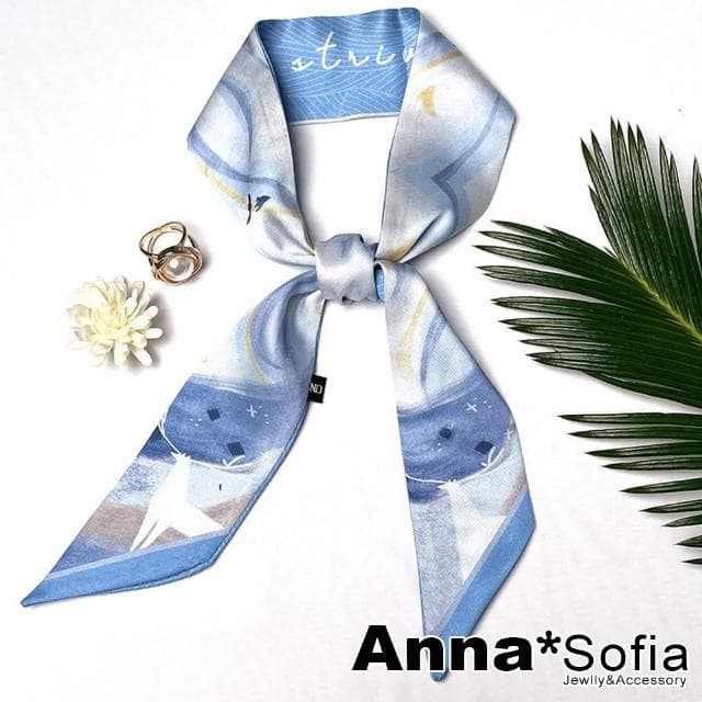【AnnaSofia】仿絲領巾絲巾圍巾-星河鹿影 窄版緞面 現貨(藍系)