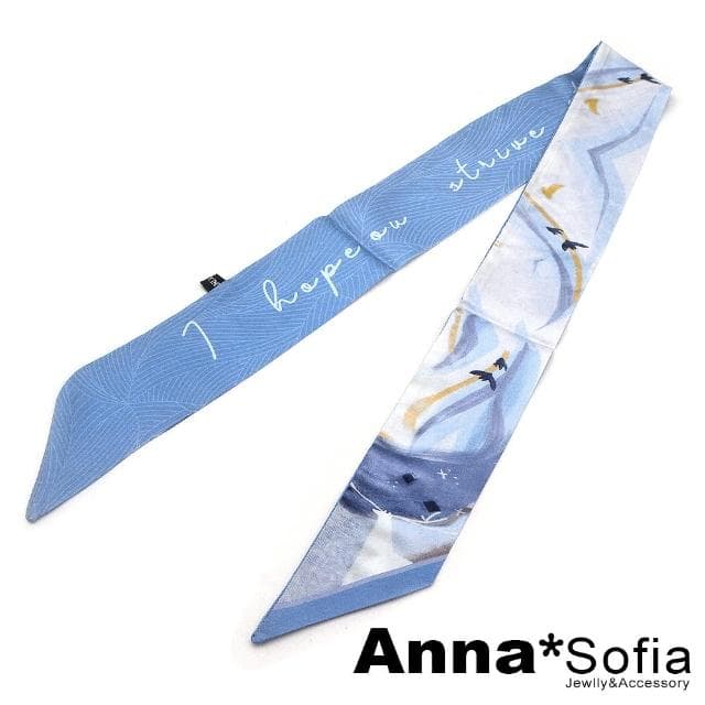 【AnnaSofia】仿絲領巾絲巾圍巾-星河鹿影 窄版緞面 現貨(藍系)