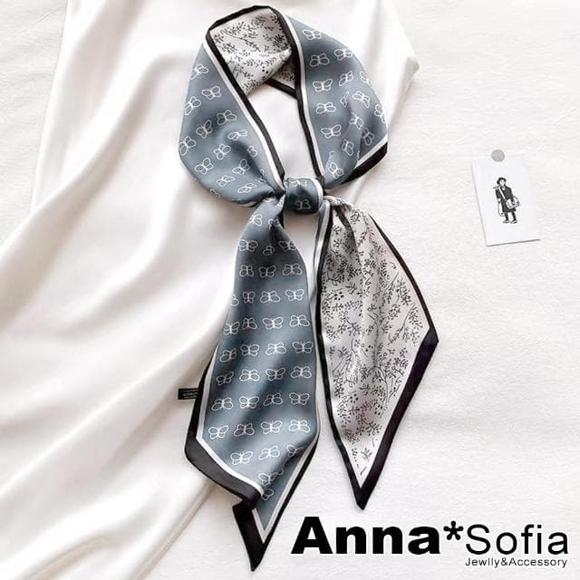 【AnnaSofia】仿絲領巾絲巾圍巾-線蝶葉花斜角 現貨(灰藍系)