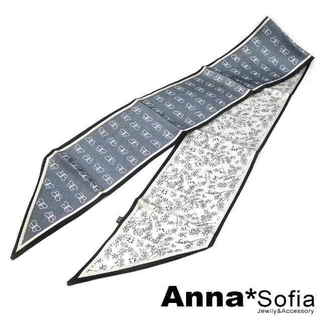 【AnnaSofia】仿絲領巾絲巾圍巾-線蝶葉花斜角 現貨(灰藍系)