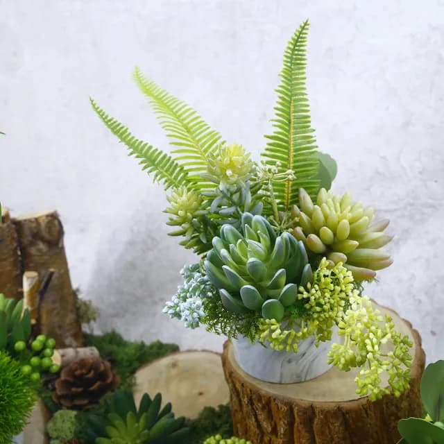 【HUGO DECO 榆果傢飾】羊齒蕨多肉組合香氛植物(擬真植物/人造盆栽/綠化/佈置/禮物)