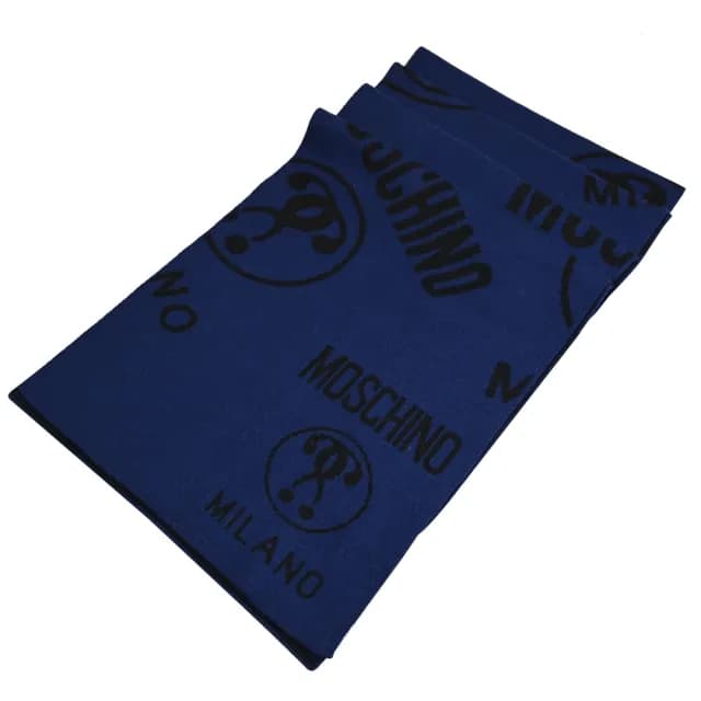 【MOSCHINO】經典英文LOGO雙面雙色混羊毛保暖披肩長圍巾(深藍/黑)