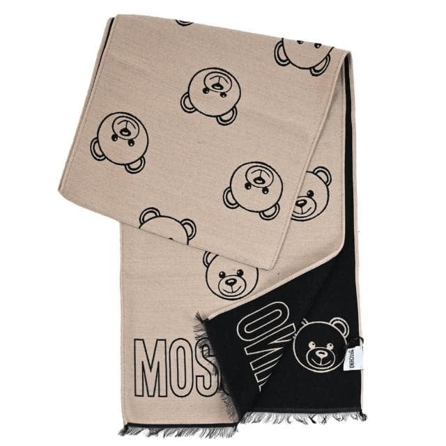 【MOSCHINO】經典滿版泰迪熊圖案雙面混羊毛保暖披肩長圍巾(黑/褐)
