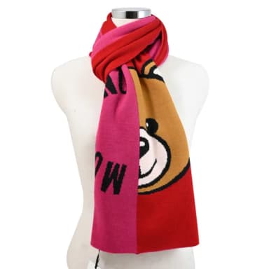 【MOSCHINO】經典品牌LOGO泰迪熊雙色混羊毛窄版針織披肩長圍巾(桃/紅)