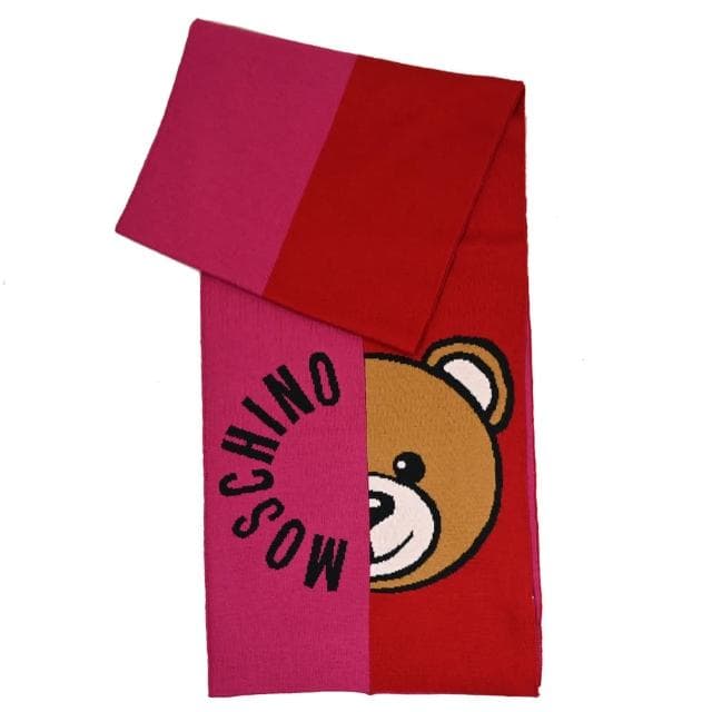 【MOSCHINO】經典品牌LOGO泰迪熊雙色混羊毛窄版針織披肩長圍巾(桃/紅)