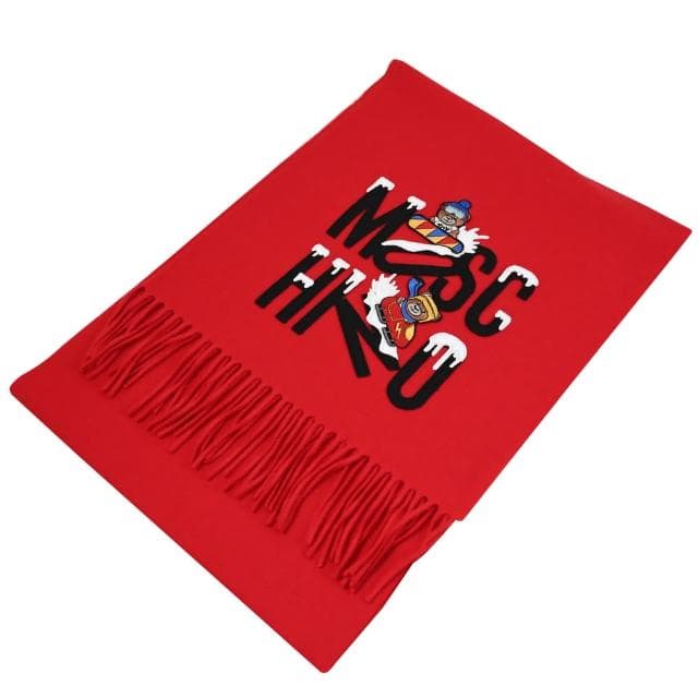 【MOSCHINO】品牌LOGO滑雪小熊純羊毛流蘇保暖披肩長圍巾(紅)