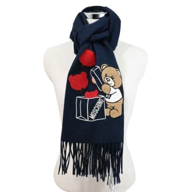 【MOSCHINO】品牌LOGO小熊氣球禮物純羊毛流蘇保暖披肩長圍巾(深藍)