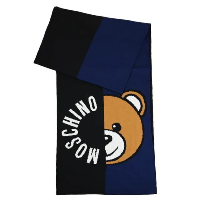 【MOSCHINO】經典品牌LOGO泰迪熊雙色混羊毛窄版針織披肩長圍巾(黑/深藍)