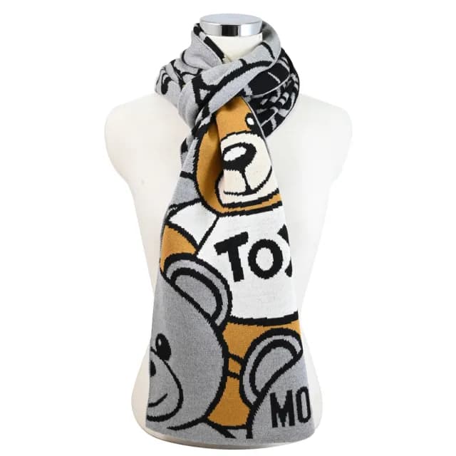 【MOSCHINO】品牌滿版LOGO泰迪熊純羊毛撞色保暖披肩長圍巾(灰)