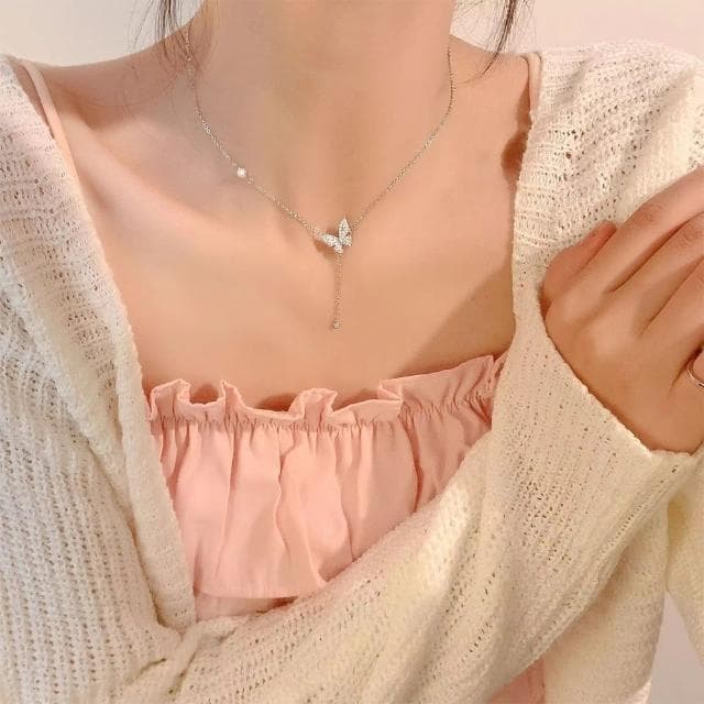 【KT DADA】項鍊 飾品 配件 純銀項鍊 銀項鍊 蝴蝶項鍊 閨蜜項鍊 鑽石項鍊 女朋友生日禮物 銀鏈 銀飾 項鏈