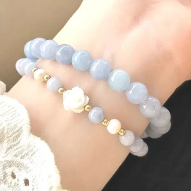 【五行水晶】海藍寶山茶花天然貝殼手鍊(閨密 轉運手鍊 中式 女生飾品 開運手環 生日禮物)