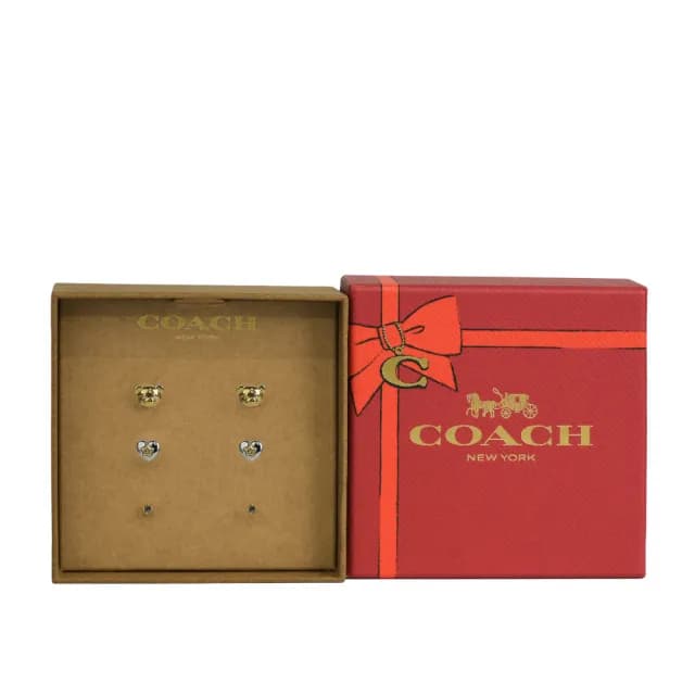 【COACH】泰迪熊/愛心/圓形玻璃水鑽造型耳環禮盒組(金色/銀色)
