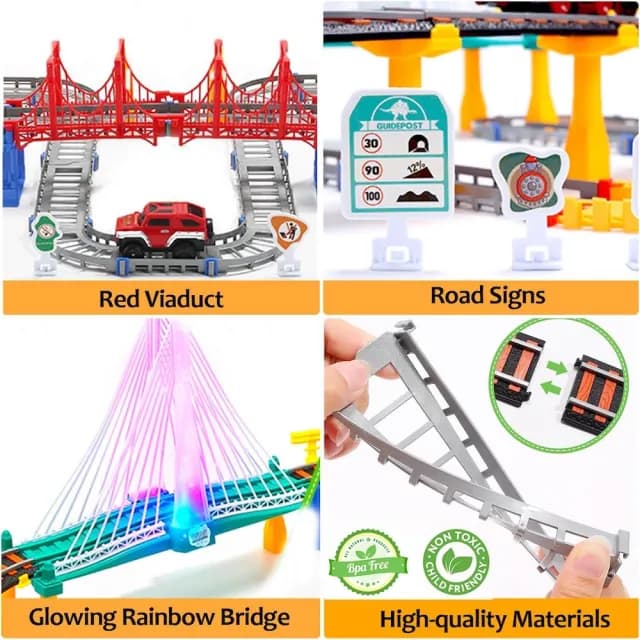 【CuteStone】兒童擬真軌道吉普車與高架橋鐵道聲光火車套裝玩具113件組(軌道☆ 玩具車 生日玩具)