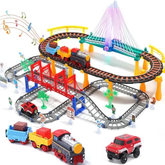 【CuteStone】兒童擬真軌道吉普車與高架橋鐵道聲光火車套裝玩具113件組(軌道☆ 玩具車 生日玩具)