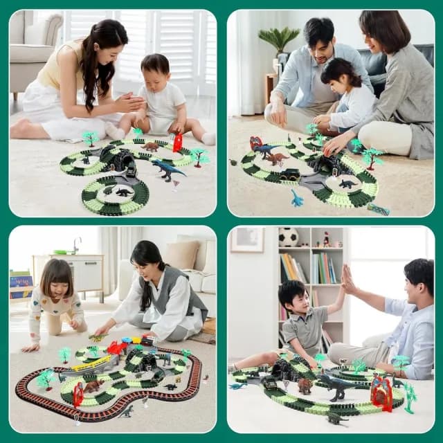 【CuteStone】兒童擬真恐龍公園軌道吉普車與鐵道聲光火車套裝玩具35件組(火車軌道組 生日禮物)