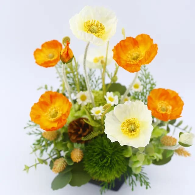 【HUGO DECO 榆果傢飾】春日微風橘白虞美人紙袋花禮(擬真植物/人造盆栽/綠化/佈置/禮物)