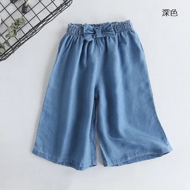 【橘魔法】蝴蝶結牛仔鬆緊七分褲(寬褲 褲裙 闊腿褲 牛仔褲 防蚊褲 薄長褲 兒童 女童 童裝)