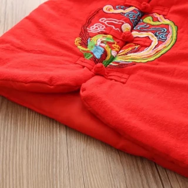 【橘魔法】中國風刺繡鳳凰盤扣鋪棉背心 （略有製作痕跡）(大童 新年 過年 背心 馬甲 大紅 女童 兒童 童裝)