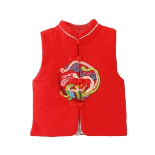 【橘魔法】中國風刺繡鳳凰盤扣鋪棉背心 （略有製作痕跡）(大童 新年 過年 背心 馬甲 大紅 女童 兒童 童裝)