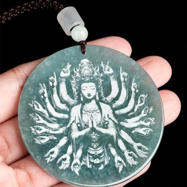 【Penny珮妮】A貨翡翠藍水影雕千手觀音吊墜項鍊(母親節 父親節 情人節 生日禮物 交換禮物 尾牙 新年)