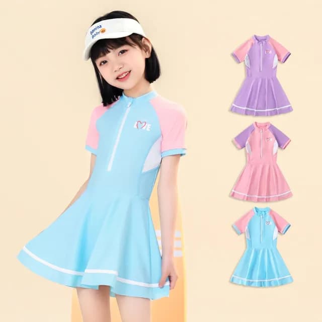 【橘魔法】愛心LOVE前拉鍊連身泳衣(內有安全褲 女童 泳裝 青少女 學生 快乾 速乾 童裝)