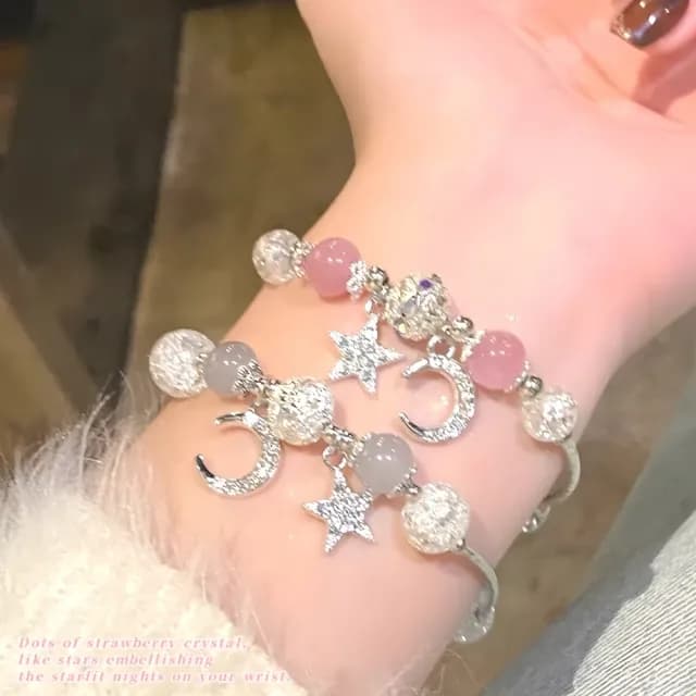 【簡約氣質】星月草莓晶月光石串珠手鍊-2入(天然水晶手串 粉晶 轉運手珠 手鏈 手環 粉紅 女 生日禮物)