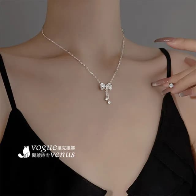 【維克維娜】立體蝴蝶結水鑽流蘇925純銀項鍊