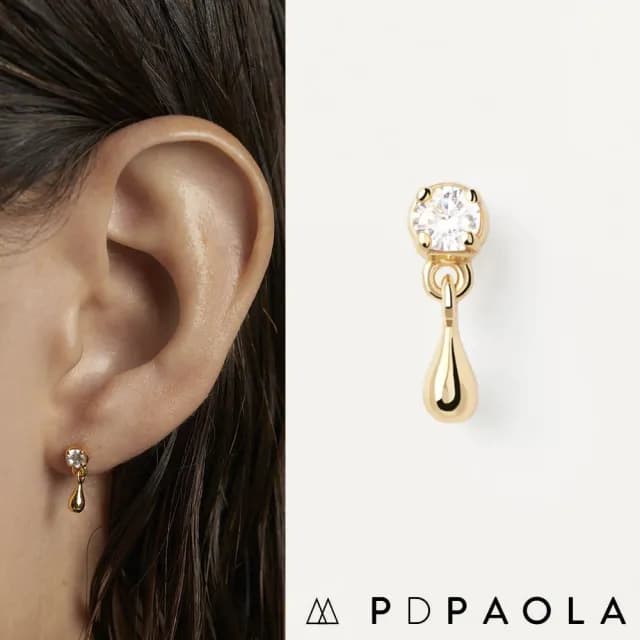 【PD PAOLA】西班牙時尚潮牌 圓形明亮切割單鑽耳環 水滴金色耳環 WATER(單隻販售)