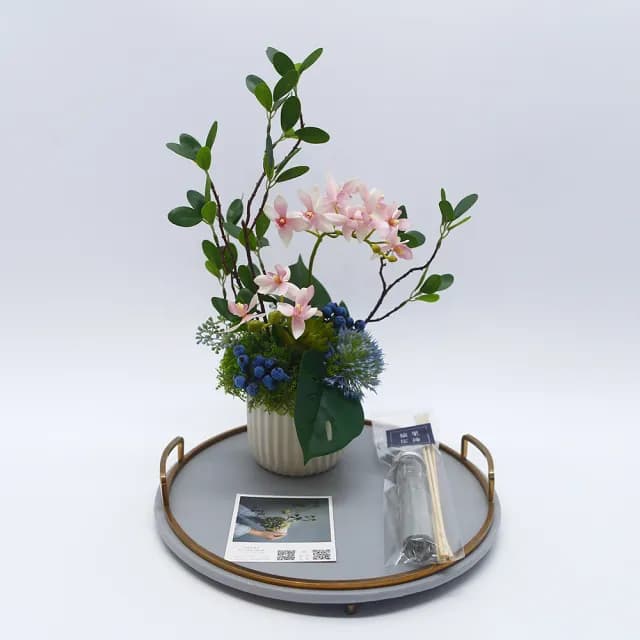 【HUGO DECO 榆果傢飾】雅緻粉蝴蝶蘭榕枝香氛花禮(擬真植物/人造盆栽/綠化/佈置/禮物)