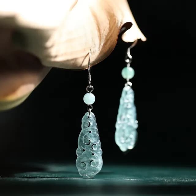 【LEEHER】耳墜/耳飾/保平安/耳環/耳勾/垂墜耳環/純銀耳還/冰種玉石/古風耳環/禮物/翡翠耳