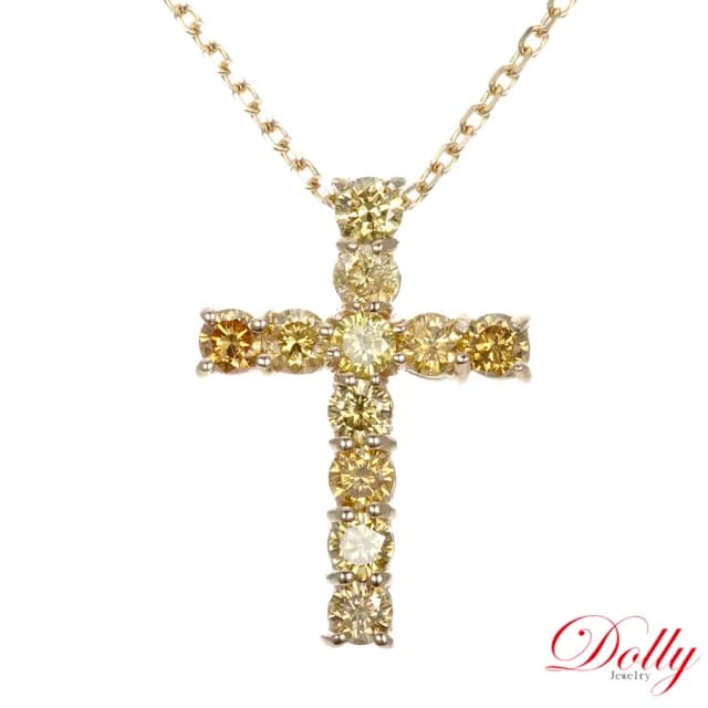 【DOLLY】0.70克拉 天然鑽石黃彩鑽18K金十字架項鍊-003(母親節 長輩送禮 交換禮物首選)