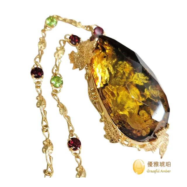【優雅琥珀】母親節禮物 多面切割 金燦爆花金綠珀項鍊(名設計師手工雕刻作品 具鑑定書)