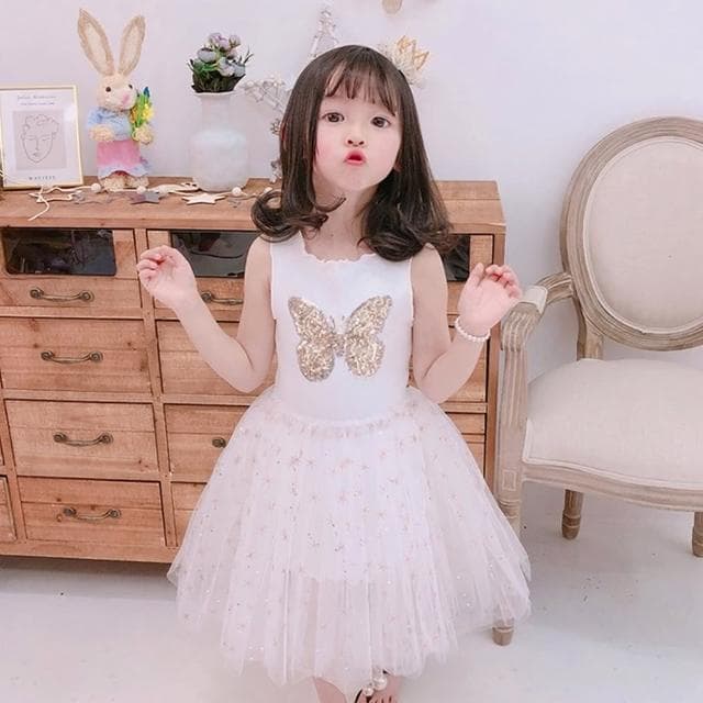 【橘魔法】無袖星星亮片小花蝴蝶挺紗裙洋裝(連身裙 澎澎裙 連身洋裝 連衣裙 紗裙 女童 兒童 童裝)