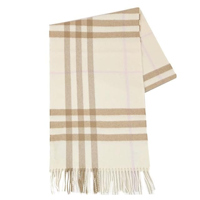 【BURBERRY 巴寶莉】英系經典格紋100%喀什米爾羊毛披肩長圍巾(米白棕)