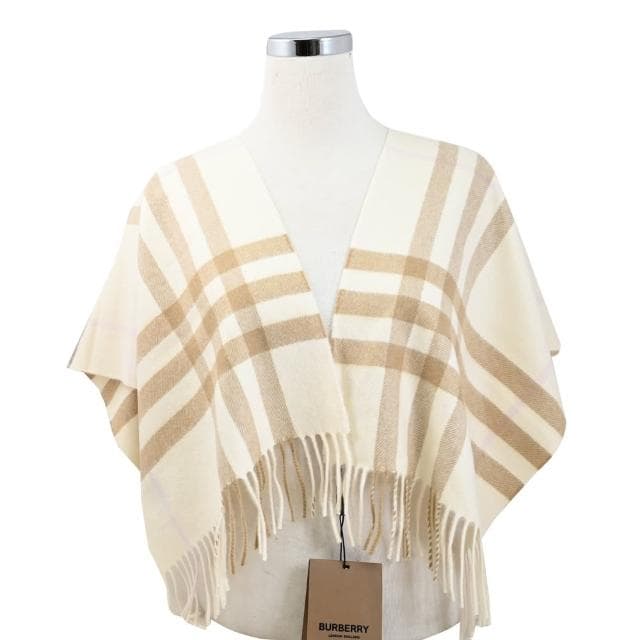 【BURBERRY 巴寶莉】英系經典格紋100%喀什米爾羊毛披肩長圍巾(米白棕)