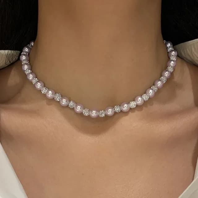 【Penny珮妮】玫瑰紫雪球間隔珍珠項鍊毛衣鍊(母親節 送女友 交換禮物 生日禮 情人節 尾牙 新年 結婚)