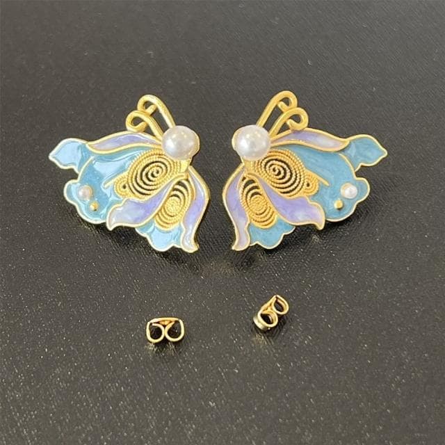 【Penny珮妮】手工越南沙金銀鎏金花絲琺瑯蝴蝶耳釘(母親節 送女友 交換禮物 生日禮 情人節 尾牙 新年 結婚)
